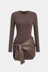 Faux Leather Patchwork Tie Front Round Neck Ruched Mini Dress
