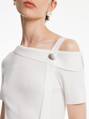 White Acetate One Shoulder Women Knit Top