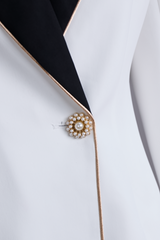 Elegant Asymmetrical White Blazer with Black Contrast Lapels