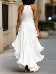Midnight Elegance Satin Halter Ruffle Gown