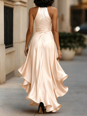 Midnight Elegance Satin Halter Ruffle Gown