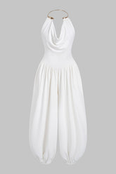 Metallic Draped Cowl Neck Ruched Backless Jumpsuit
