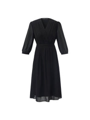 V-Neck Pleated Lace Up Wrap Midi Dress