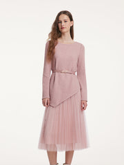 Asymmetrical Hem Top And Tulle Women Skirt With Belt Two-Piece Set