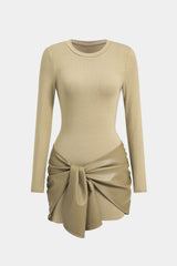 Faux Leather Patchwork Tie Front Round Neck Ruched Mini Dress