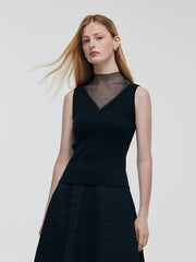 Patchwork Mock Neck Women Knitted Tank Top