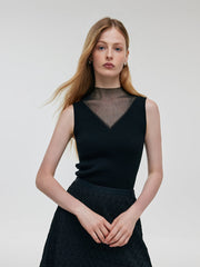 Patchwork Mock Neck Women Knitted Tank Top
