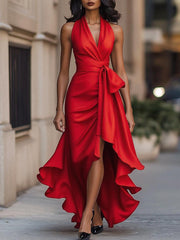Midnight Elegance Satin Halter Ruffle Gown