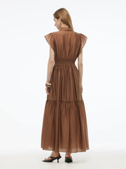 Tencel Blend Women Ruffle Cap Sleeve Maxi Dress With Sash