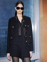 Elegant Black Tweed Cropped Women Jacket
