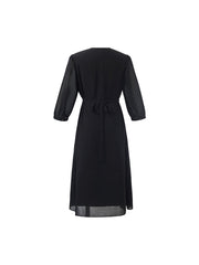 V-Neck Pleated Lace Up Wrap Midi Dress