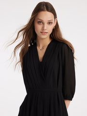 V-Neck Pleated Lace Up Wrap Midi Dress