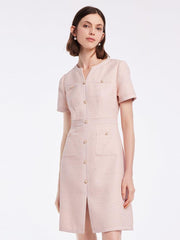 Gathered Waist Single-Breasted Sequins Tweed Mini Dress With Patch Pockets