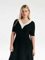 Contrast V-Neck Slim Knitted Women Midi Dress