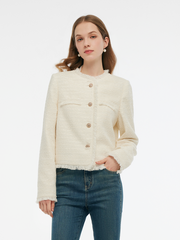 Tweed Collarless Women Crop Jacket