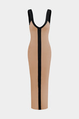 Colorblock V-neck Ribbed Split Maxi Dress