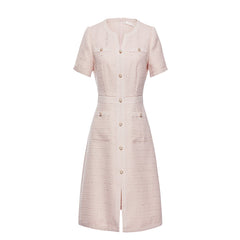Gathered Waist Single-Breasted Sequins Tweed Mini Dress With Patch Pockets