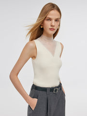 Patchwork Mock Neck Women Knitted Tank Top