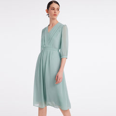 V-Neck Pleated Lace Up Wrap Midi Dress