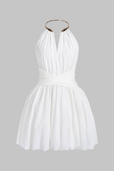 Metallic V-Neck Crossed Backless Sleeveless Mini Dress