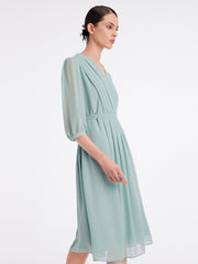 V-Neck Pleated Lace Up Wrap Midi Dress