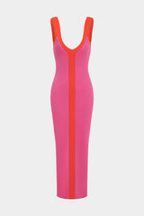 Colorblock V-neck Ribbed Split Maxi Dress
