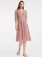 V-Neck Pleated Lace Up Wrap Midi Dress
