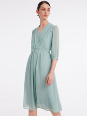 V-Neck Pleated Lace Up Wrap Midi Dress