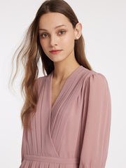 V-Neck Pleated Lace Up Wrap Midi Dress