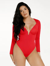 Shapewear Long Sleeve Lace Trim V-Neck Slimming Bodysuit
