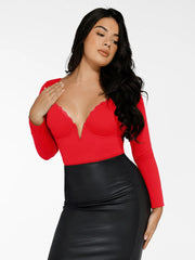 Shapewear Long Sleeve Lace Trim V-Neck Slimming Bodysuit