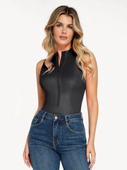 Shapewear Faux Leather Mock Neck Zip Front Sculpting Bodysuit