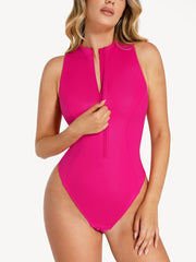 Shapewear Faux Leather Mock Neck Zip Front Sculpting Bodysuit