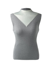 Patchwork Mock Neck Women Knitted Tank Top