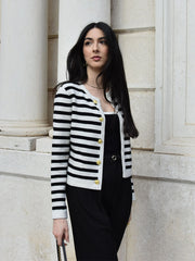 Button Up Woolen Striped Lady Cardigan