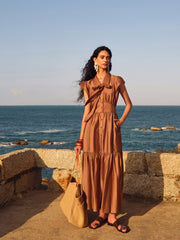 Tencel Blend Women Ruffle Cap Sleeve Maxi Dress With Sash