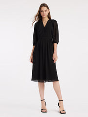 V-Neck Pleated Lace Up Wrap Midi Dress
