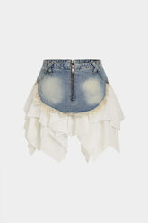 Denim Patchwork Chiffon Irregular Hem Frayed Skirt