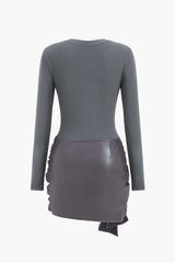 Faux Leather Patchwork Tie Front Round Neck Ruched Mini Dress