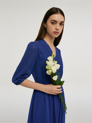 V-Neck Pleated Lace Up Wrap Midi Dress