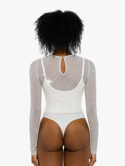 Shapewear Heat-Set Crystal Mesh Long-Sleeve Slimming Bodysuit