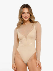Shapewear Heat-Set Crystal Mesh Long-Sleeve Slimming Bodysuit