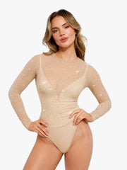 Shapewear Heat-Set Crystal Mesh Long-Sleeve Slimming Bodysuit
