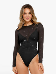 Shapewear Heat-Set Crystal Mesh Long-Sleeve Slimming Bodysuit
