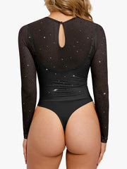 Shapewear Heat-Set Crystal Mesh Long-Sleeve Slimming Bodysuit