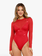 Shapewear Heat-Set Crystal Mesh Long-Sleeve Slimming Bodysuit