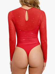 Shapewear Heat-Set Crystal Mesh Long-Sleeve Slimming Bodysuit