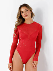 Shapewear Heat-Set Crystal Mesh Long-Sleeve Slimming Bodysuit