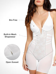 Shapewear Lace Deep V-Neck Tummy Control Mid-Thigh Bodysuit
