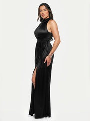 Draped High Neck Sculpting Floral-Print Maxi Dress